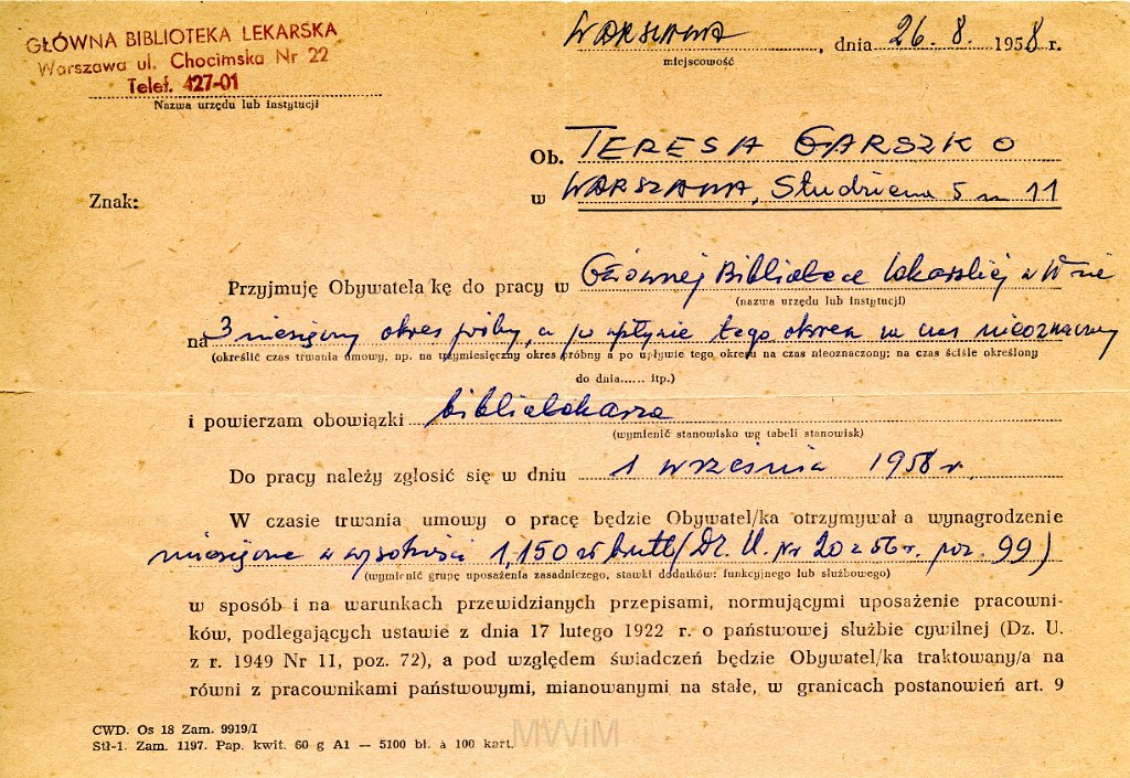 KKE 5841.jpg - Dok. Umowa o pracę wystawiona przez Główna Biblioteke Lekarską dla teresy Graszko, Warszawa, 26 VIII 1958 r.